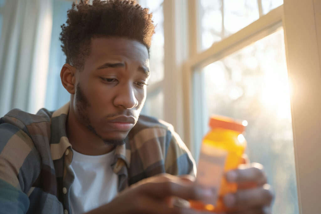 a man holding bottle of pills